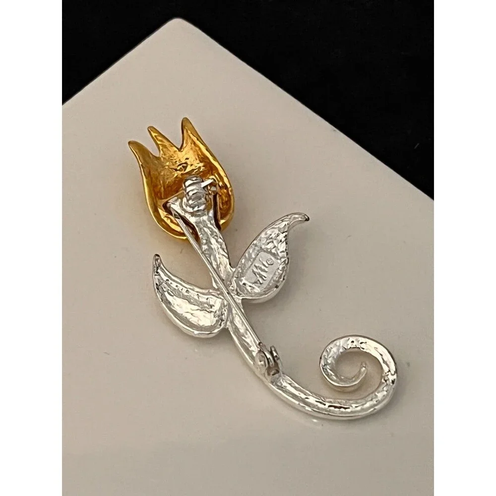 Vintage 1980s AAI Tulip Brooch Two Tone Gold Silver Tone Modernist - 1I
